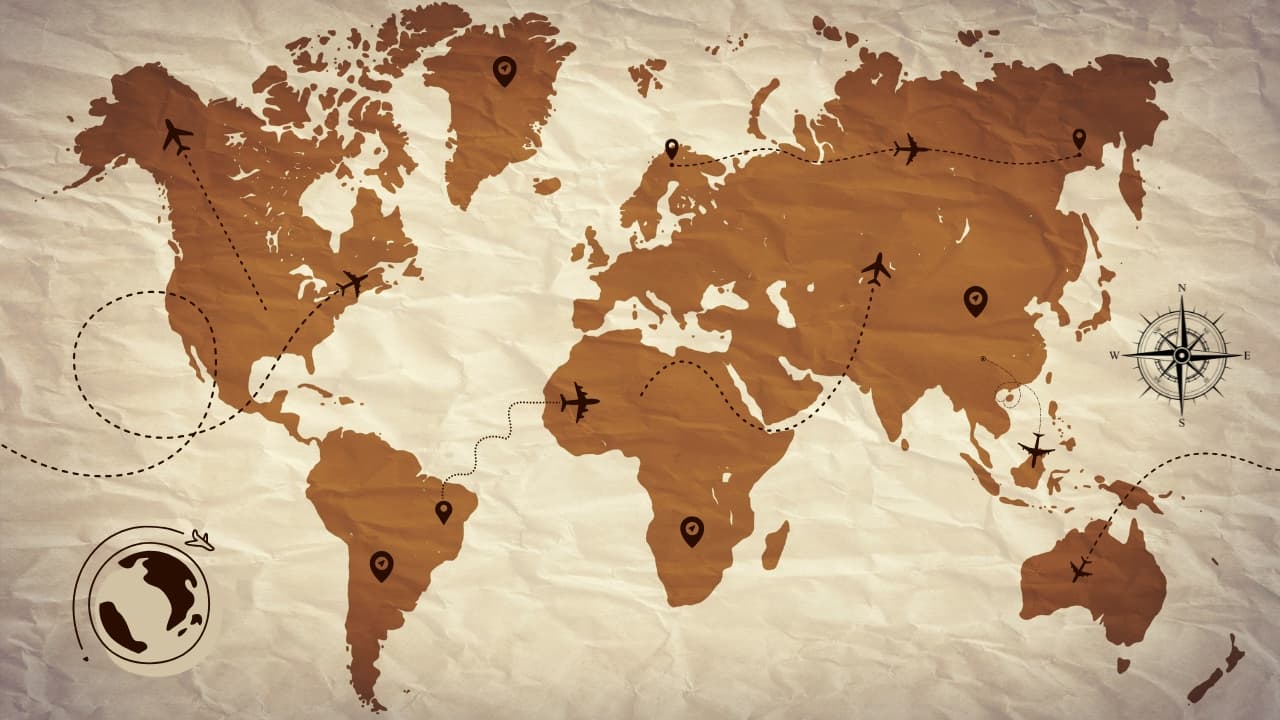 Vintage world map with travel routes and location markers